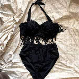 Two piece black halter top with fringes